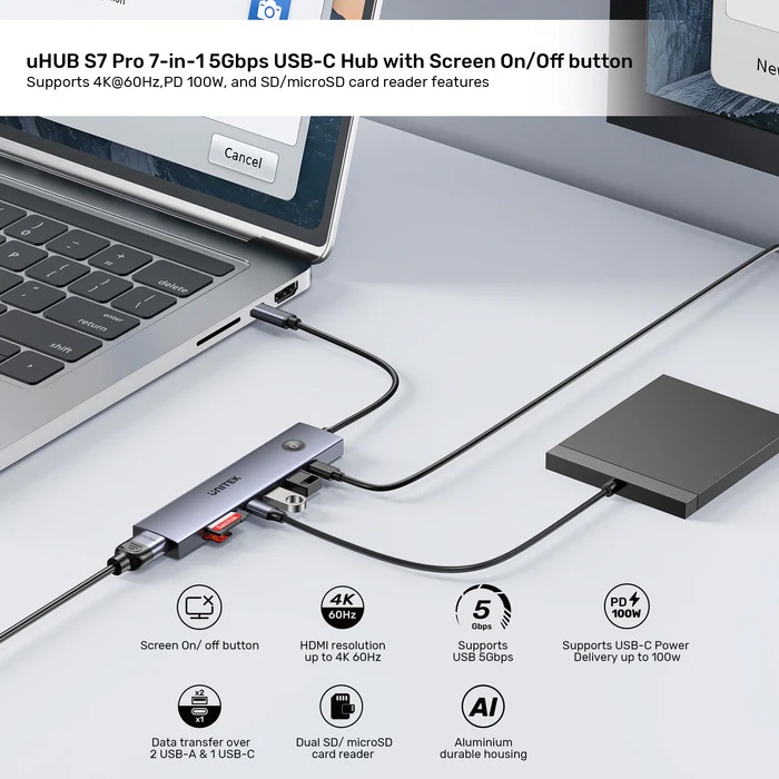 HUB USB-C Unitek 7 en 1 con botón screen on/off - Imagen 2
