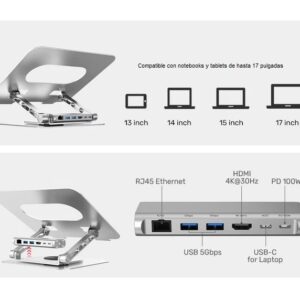 Soporte Unitek para Notebook 360° con HUB USB desmontable